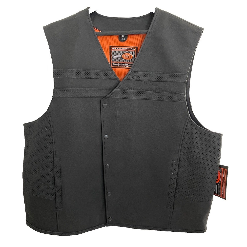 Men's First Classics Motorcycle Vest Size 4XL Black Leather Zip Snap Jaguar Vest